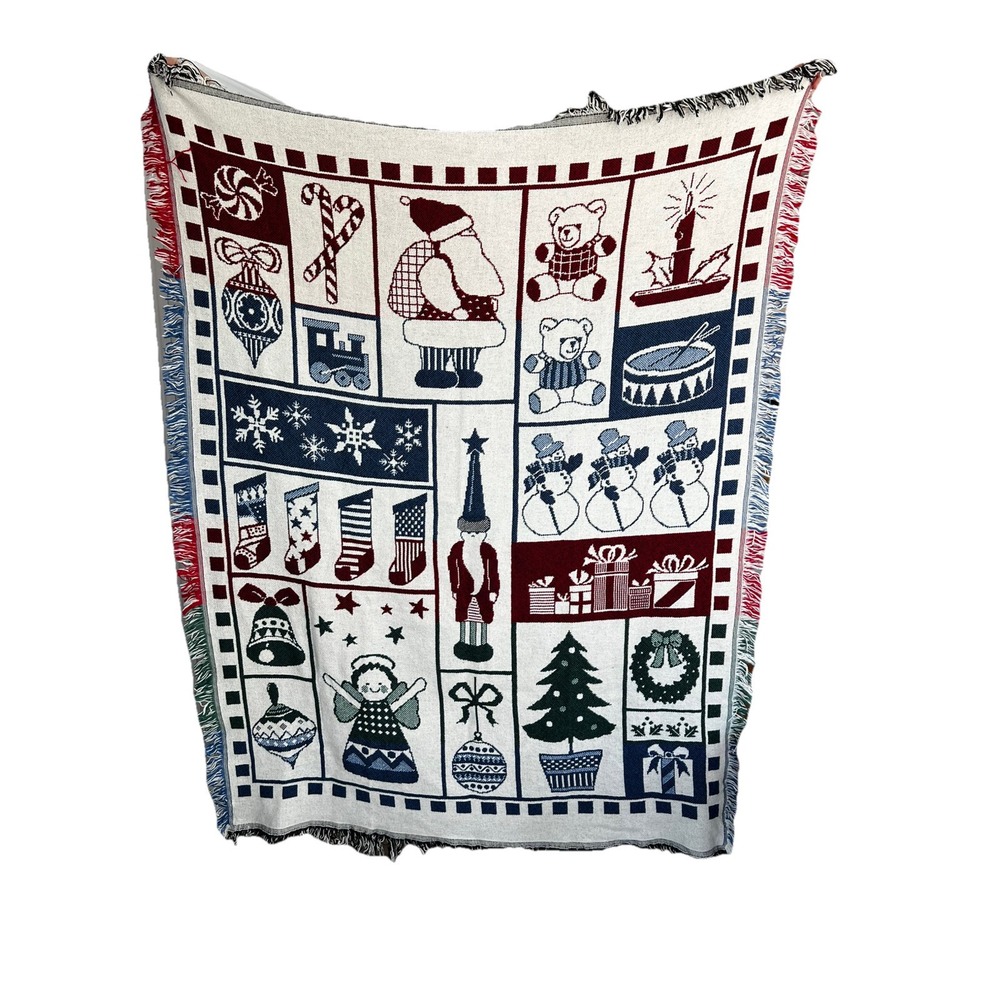 Christmas Holiday Tapestry Woven Fringe Patchwork Throw Blanket Santa Toys Gifts